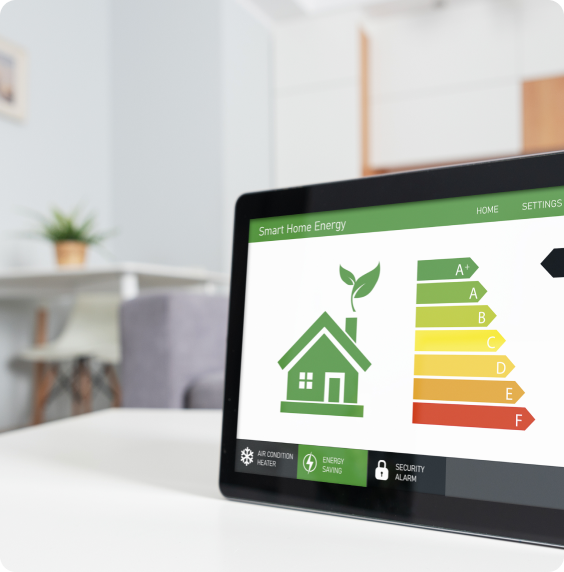 A tablet rests on a coffee table, proudly displaying a home's top-tier A+ EPC energy rating, a testament to the impactful green home improvements made by the household.