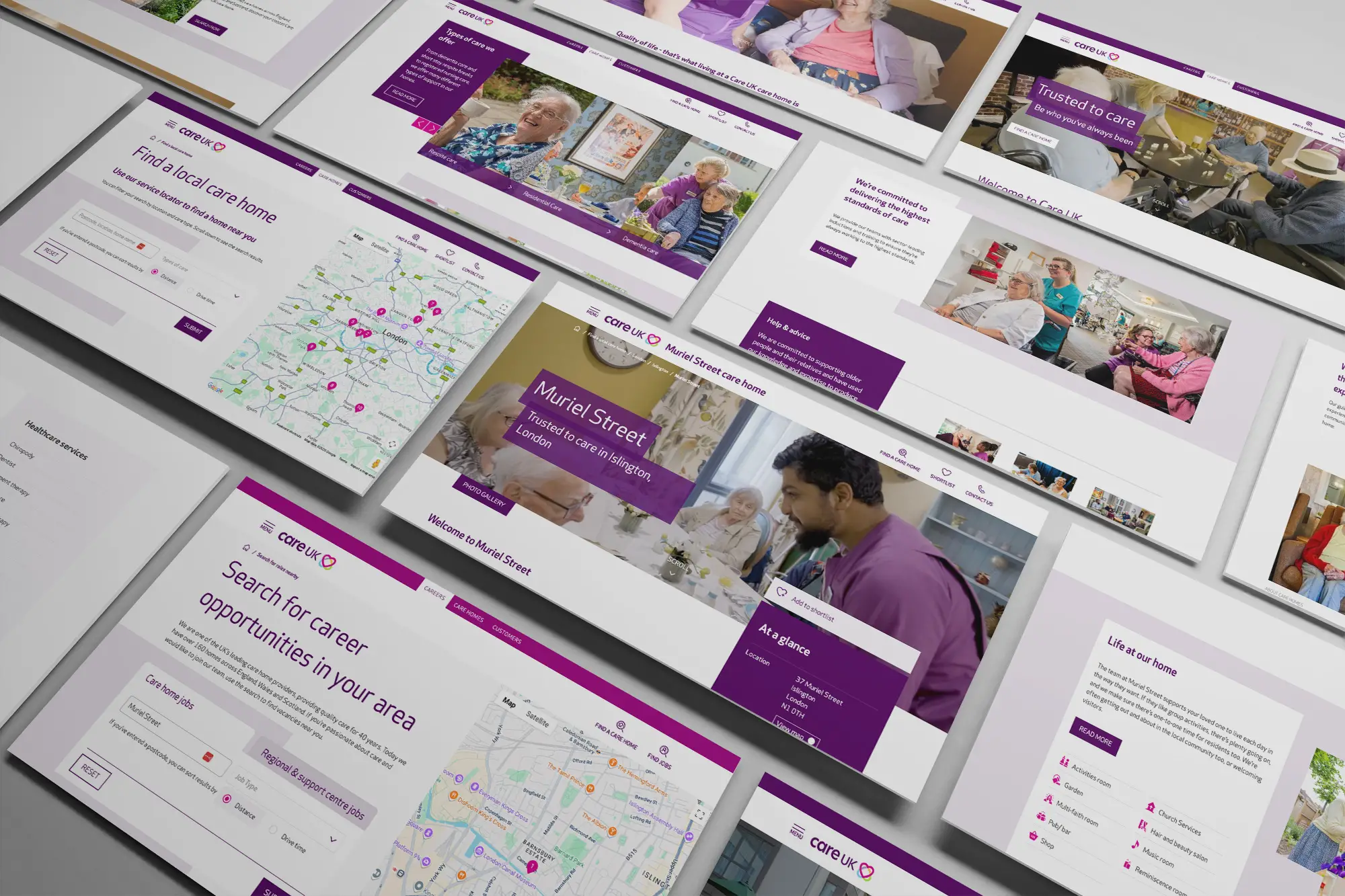 a selection of website screens laid in a perspective format to show a variation of design ideas