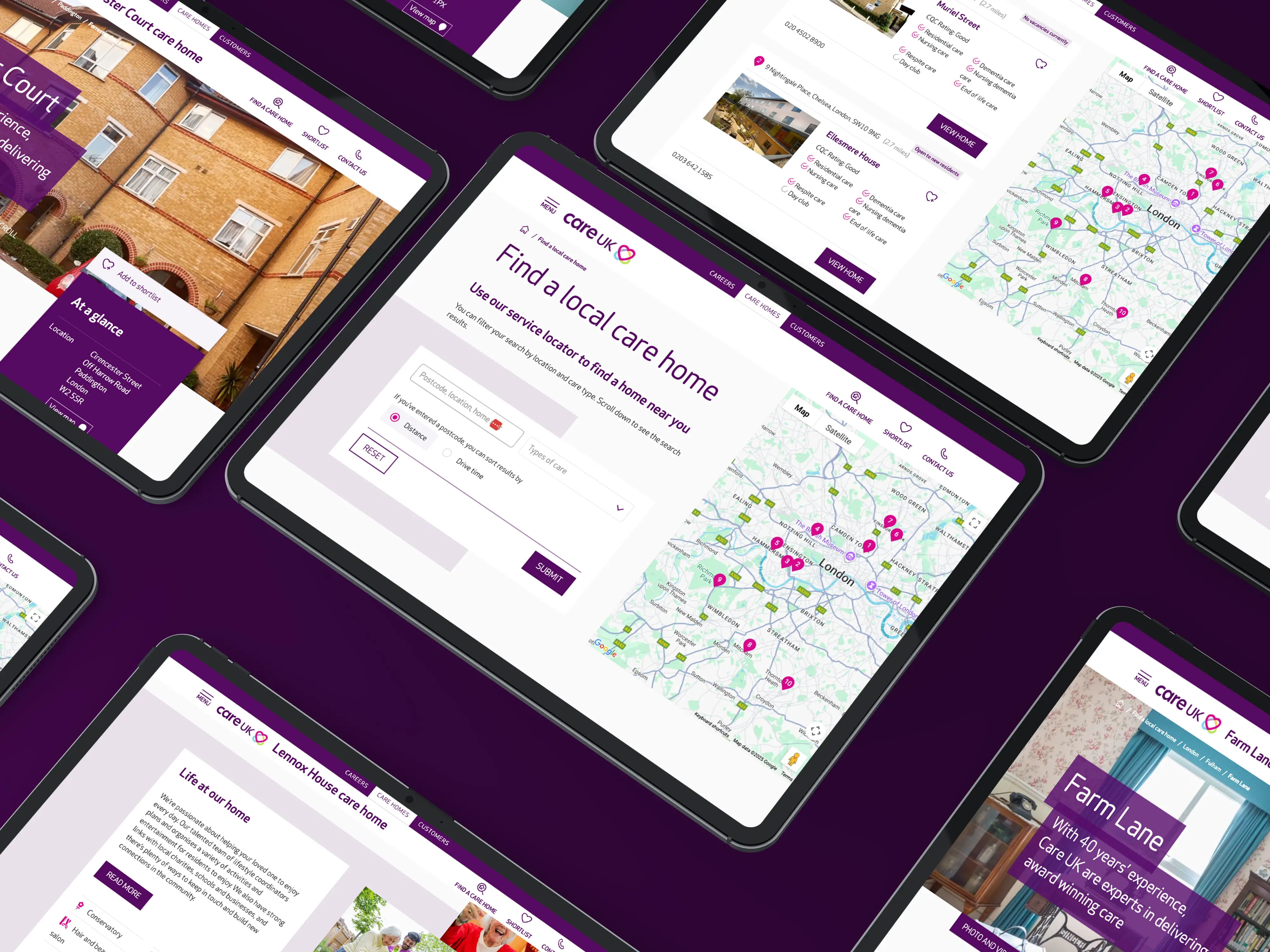a series of ipads that reflect the care homes across the careuk website
