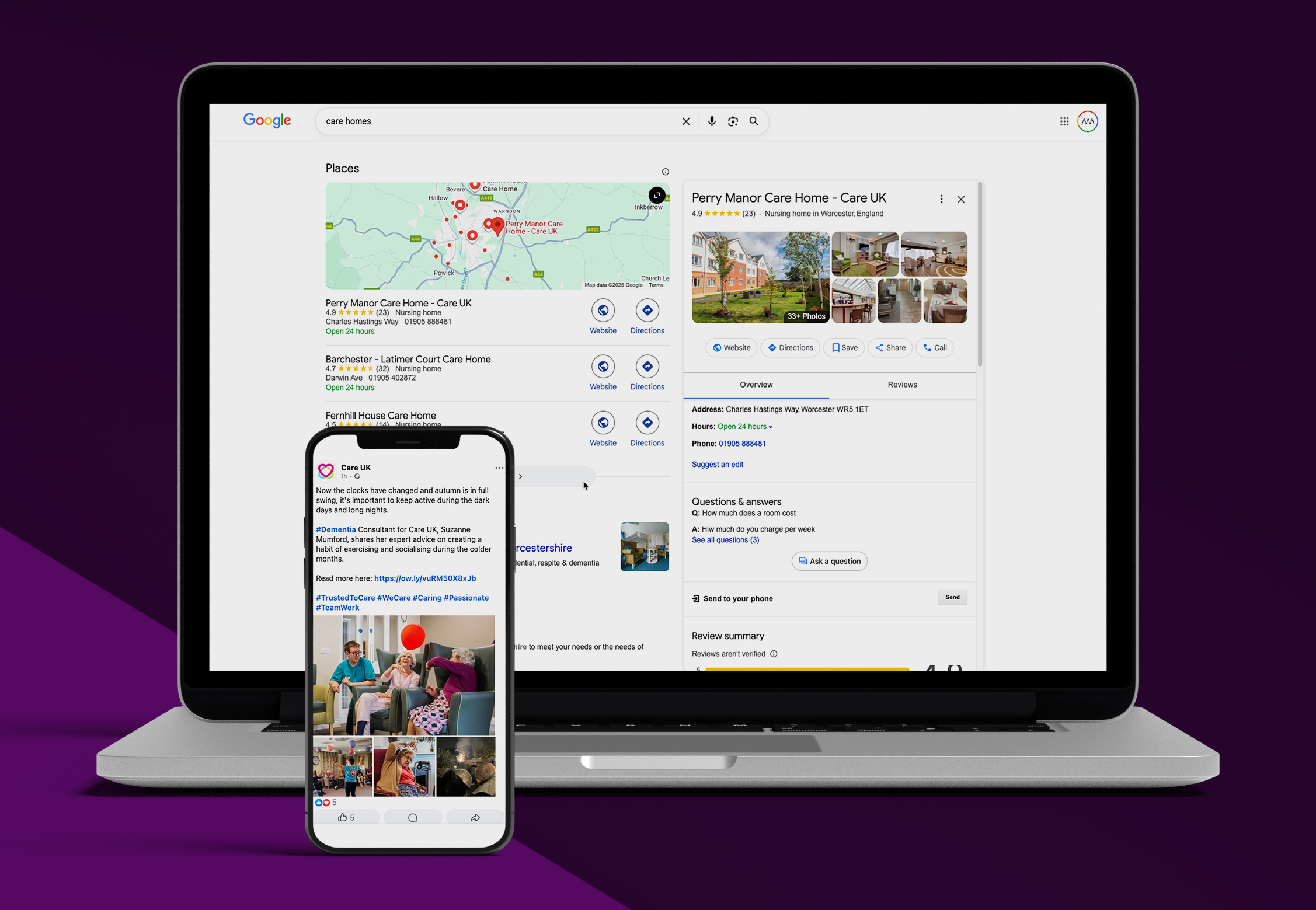 a laptop and phone showing a google search result