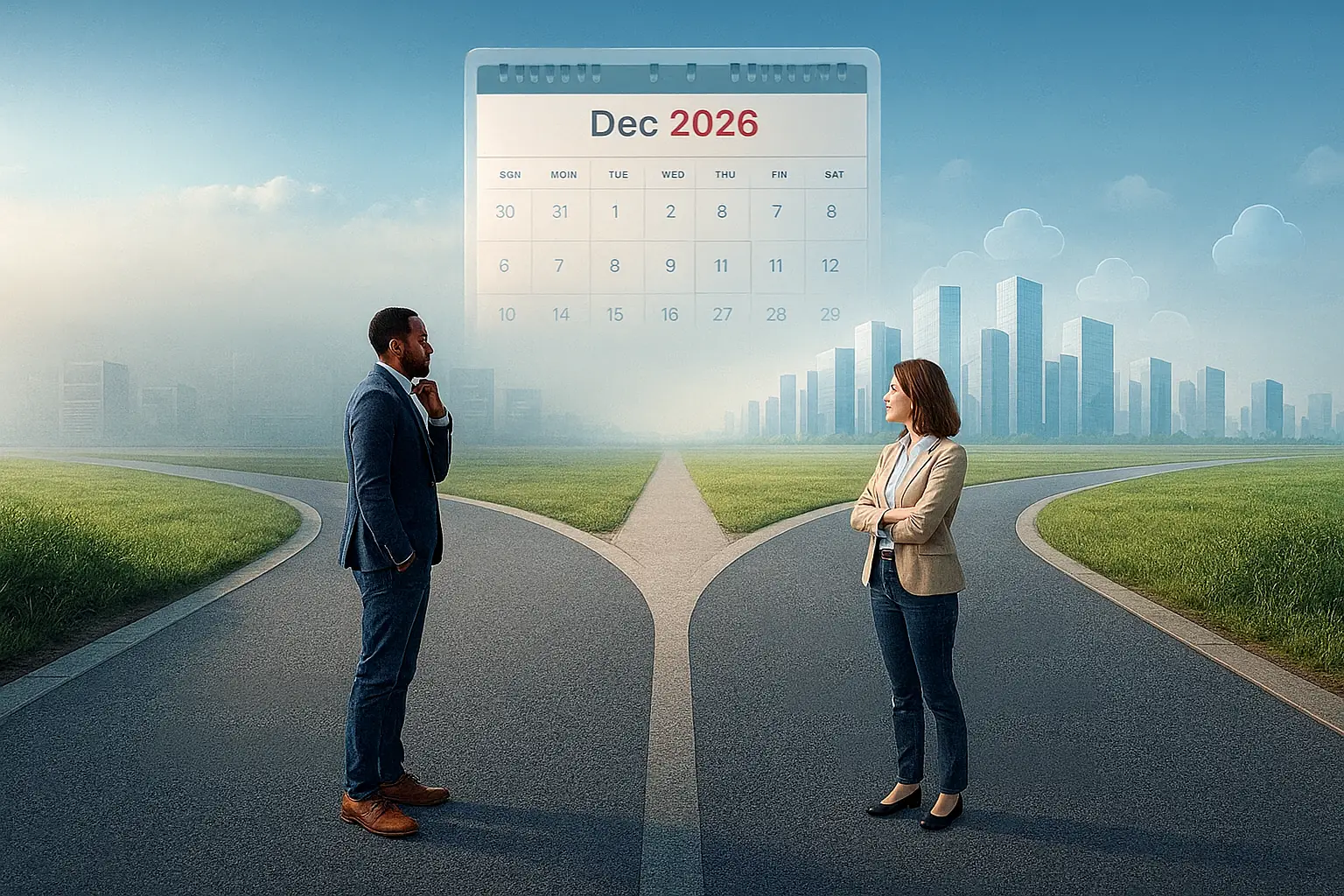 2 people looking to make a decision at a crossroads