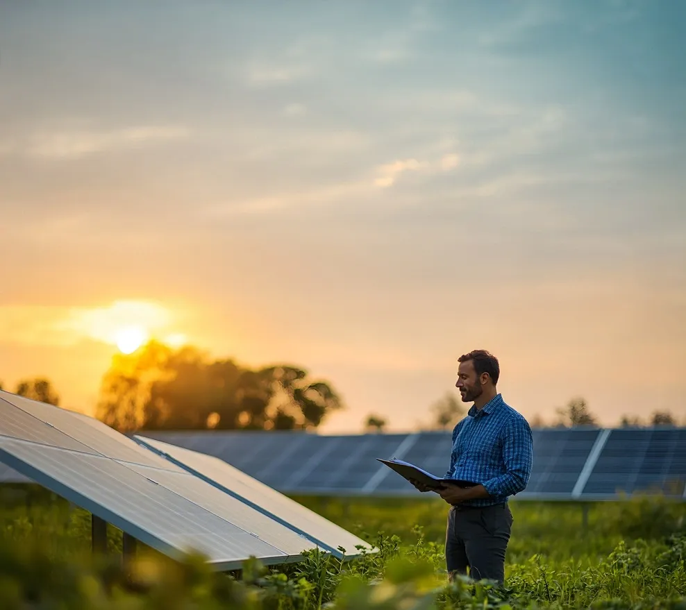 Un homme avec un document devant un champ solaire
