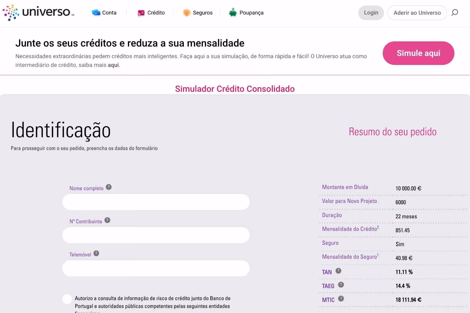 printscreen do website banco universo no pedido de crédito consolidado
