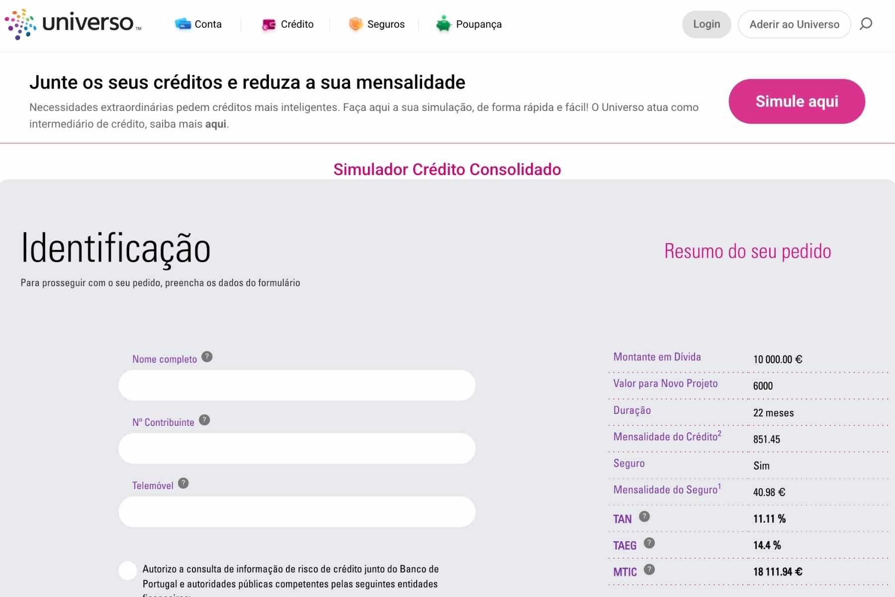 printscreen do website banco universo no pedido de crédito consolidado