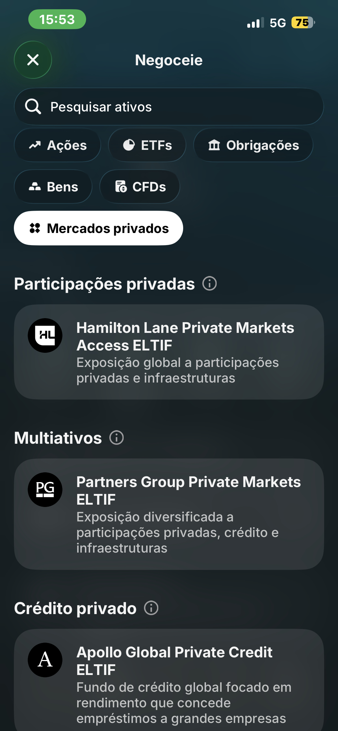 Separador de mercados privados na app da Revolut