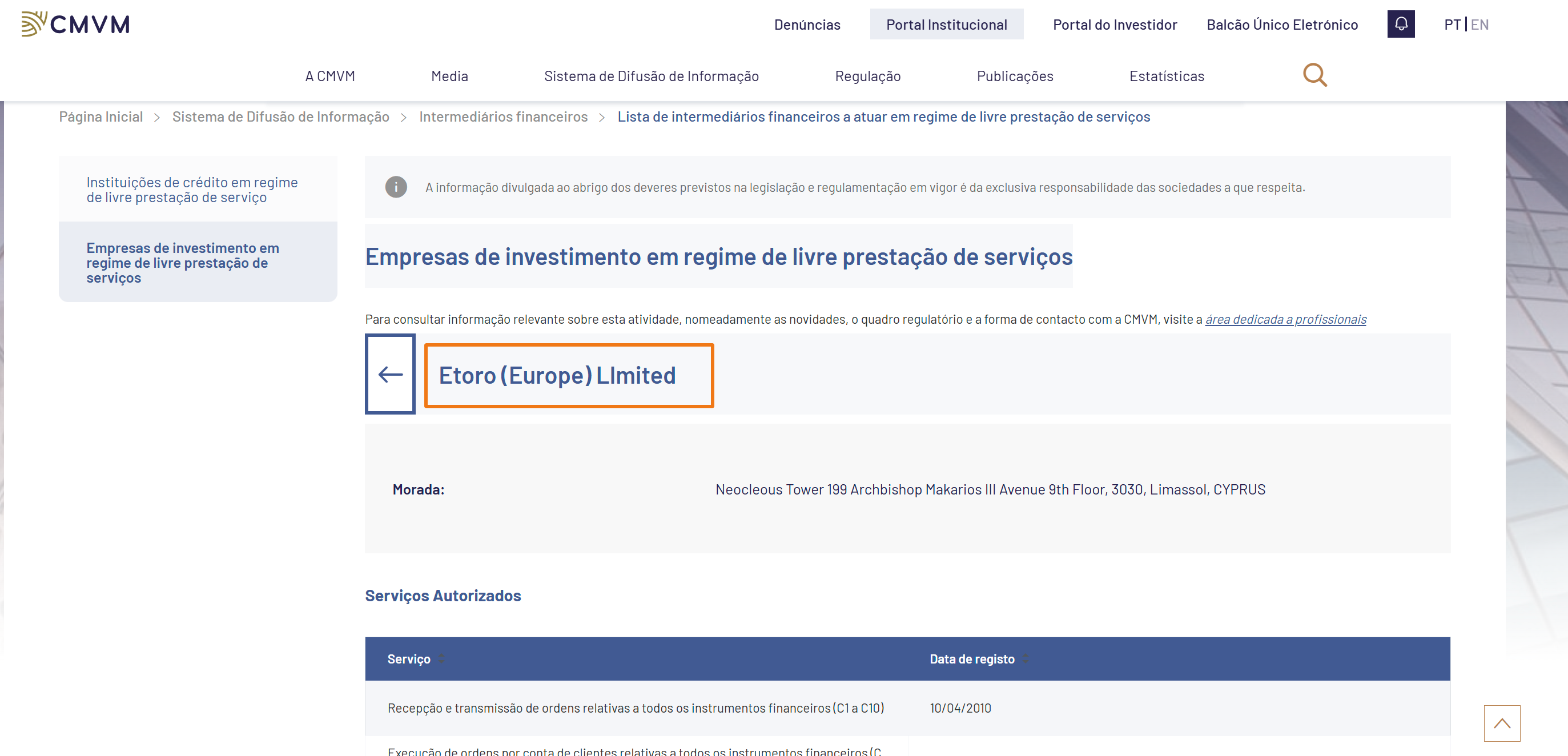Registo da eToro (Europe) Limited na CMVM