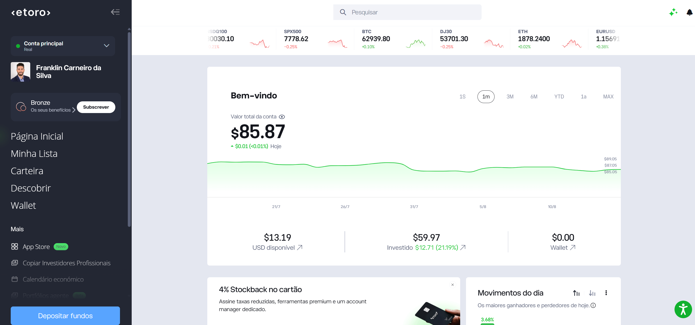 Painel da conta eToro após login