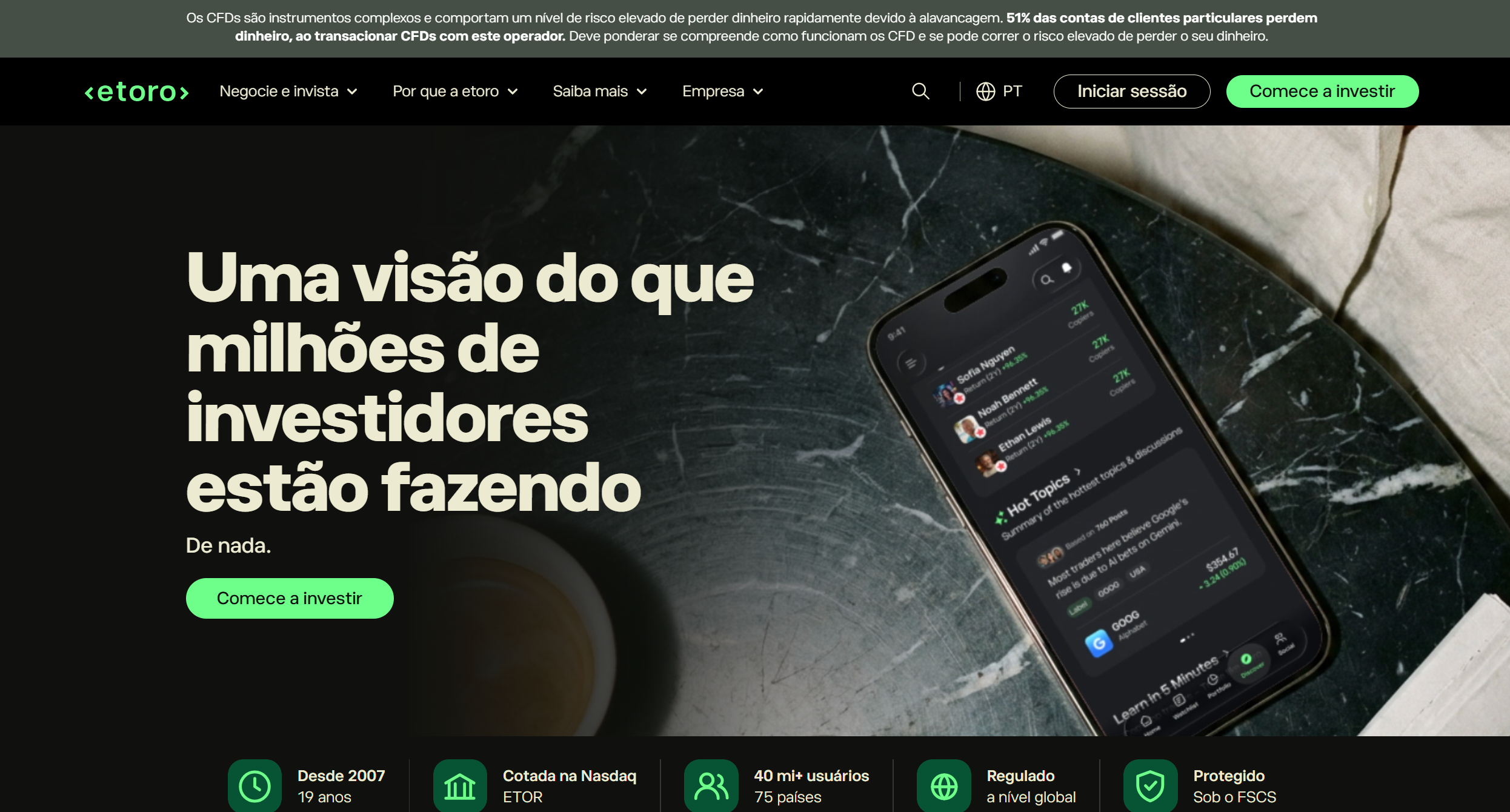 Página principal da eToro