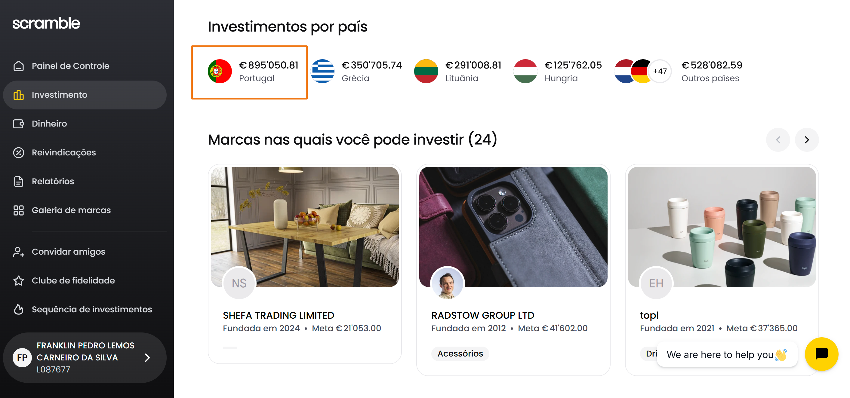 Marcas disponíveis para investimento na Scramble e investimentos por país