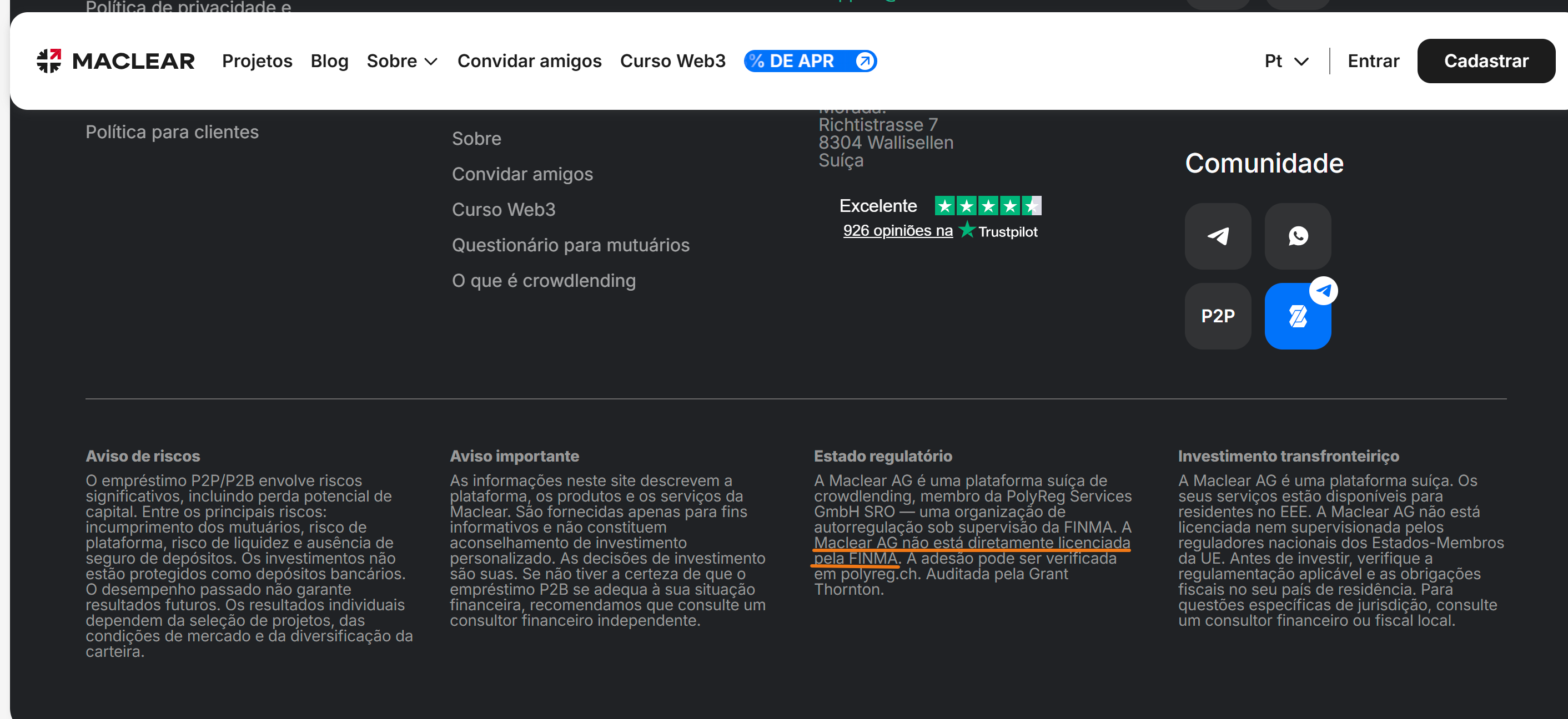 Rodapé do site da Maclear a indicar que não está diretamente licenciada pela FINMA