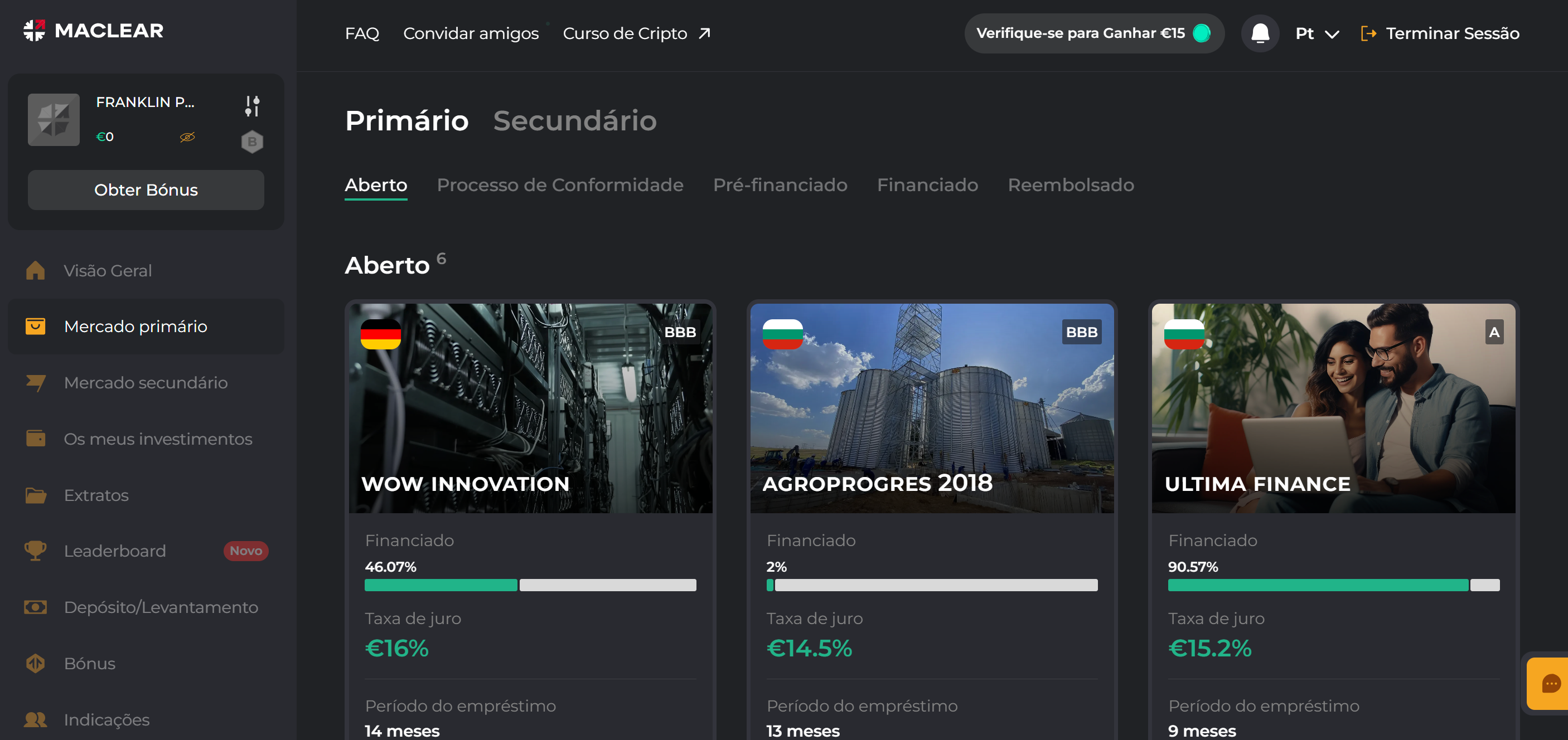 Mercado primário da Maclear com projetos abertos e ratings