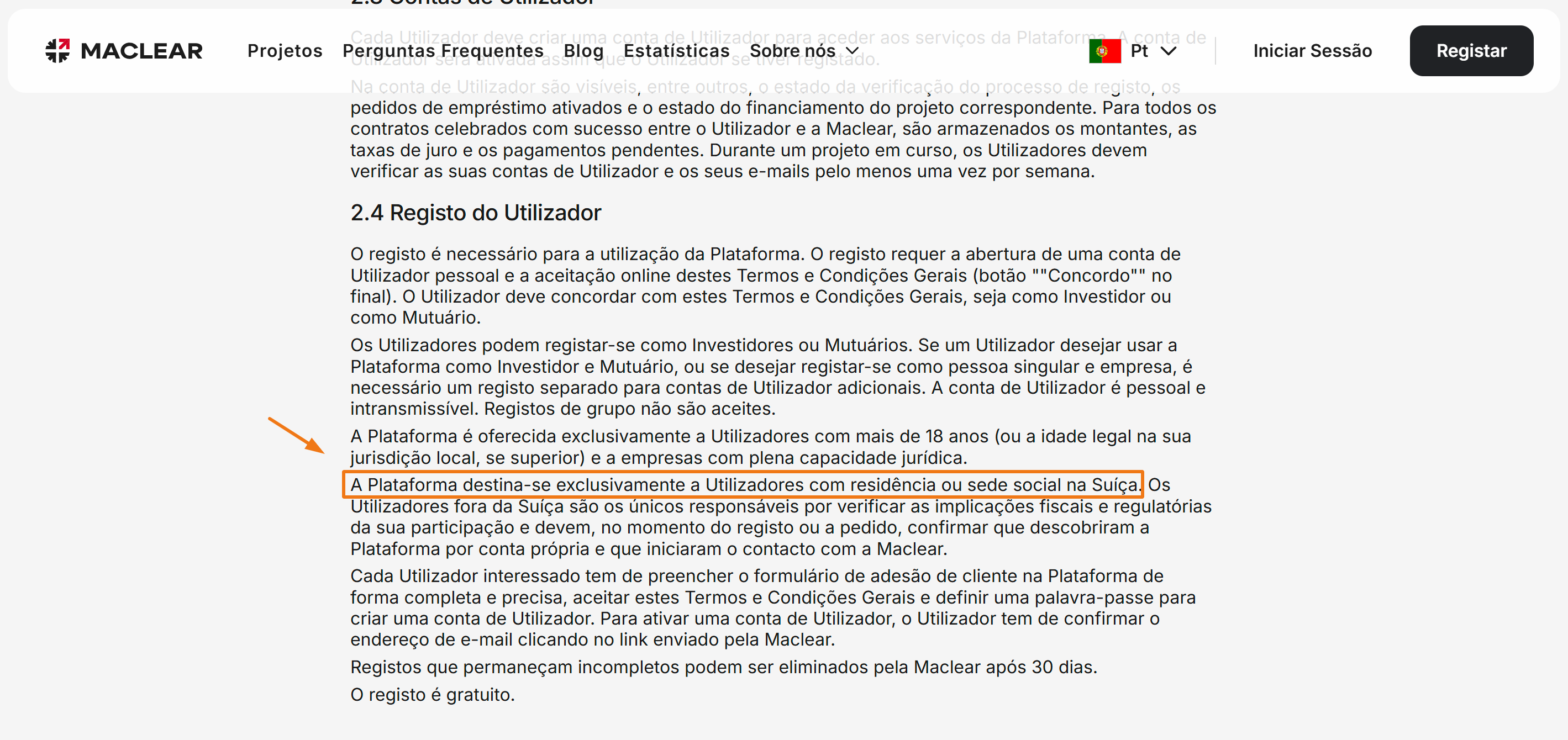 Termos e Condições da Maclear: plataforma destina-se exclusivamente a residentes na Suíça