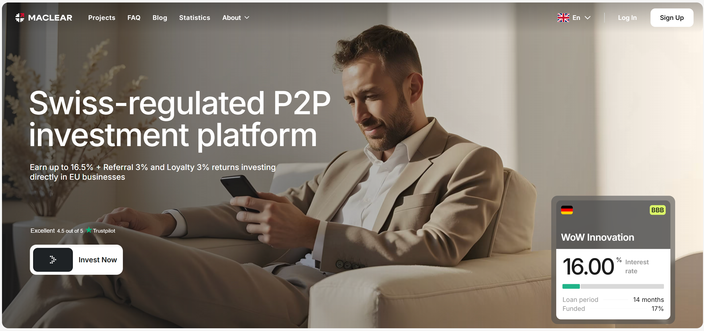 Página inicial da Maclear com o título Swiss-regulated P2P investment platform