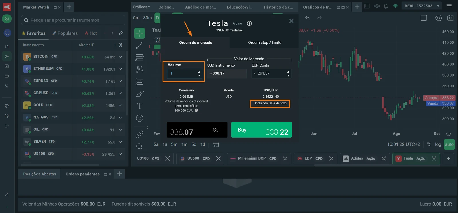 Janela de ordem da Tesla na XTB com o tipo de ordem, o volume e a taxa de conversão cambial