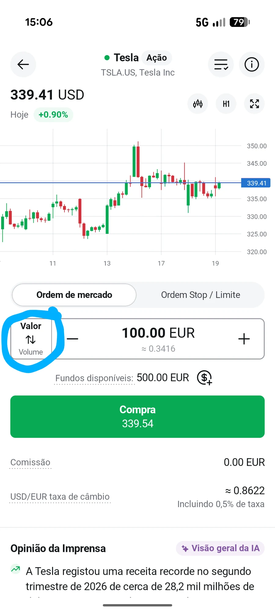 Ecrã de ordem na aplicação da XTB com o seletor entre Valor e Volume