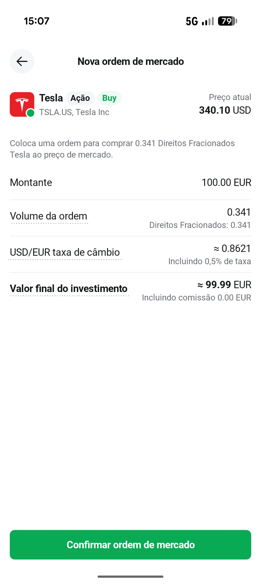 Ecrã de confirmação da ordem na aplicação da XTB com a indicação de Direitos Fracionados