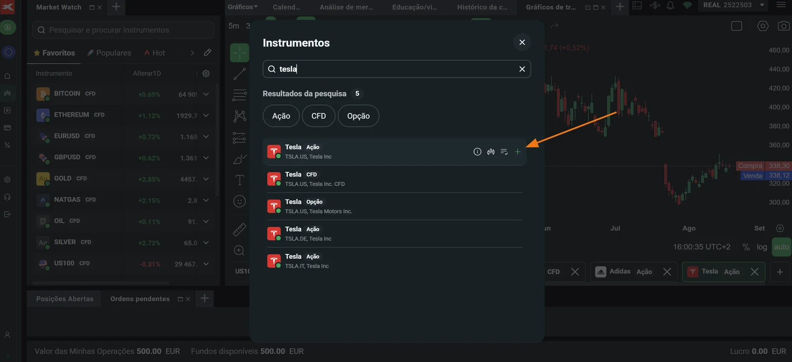 Botão mais para adicionar a ação da Tesla ao separador de gráficos na XTB