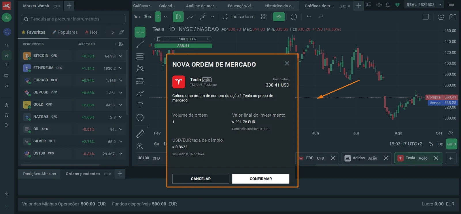 Janela de confirmação da ordem de compra da ação da Tesla na XTB