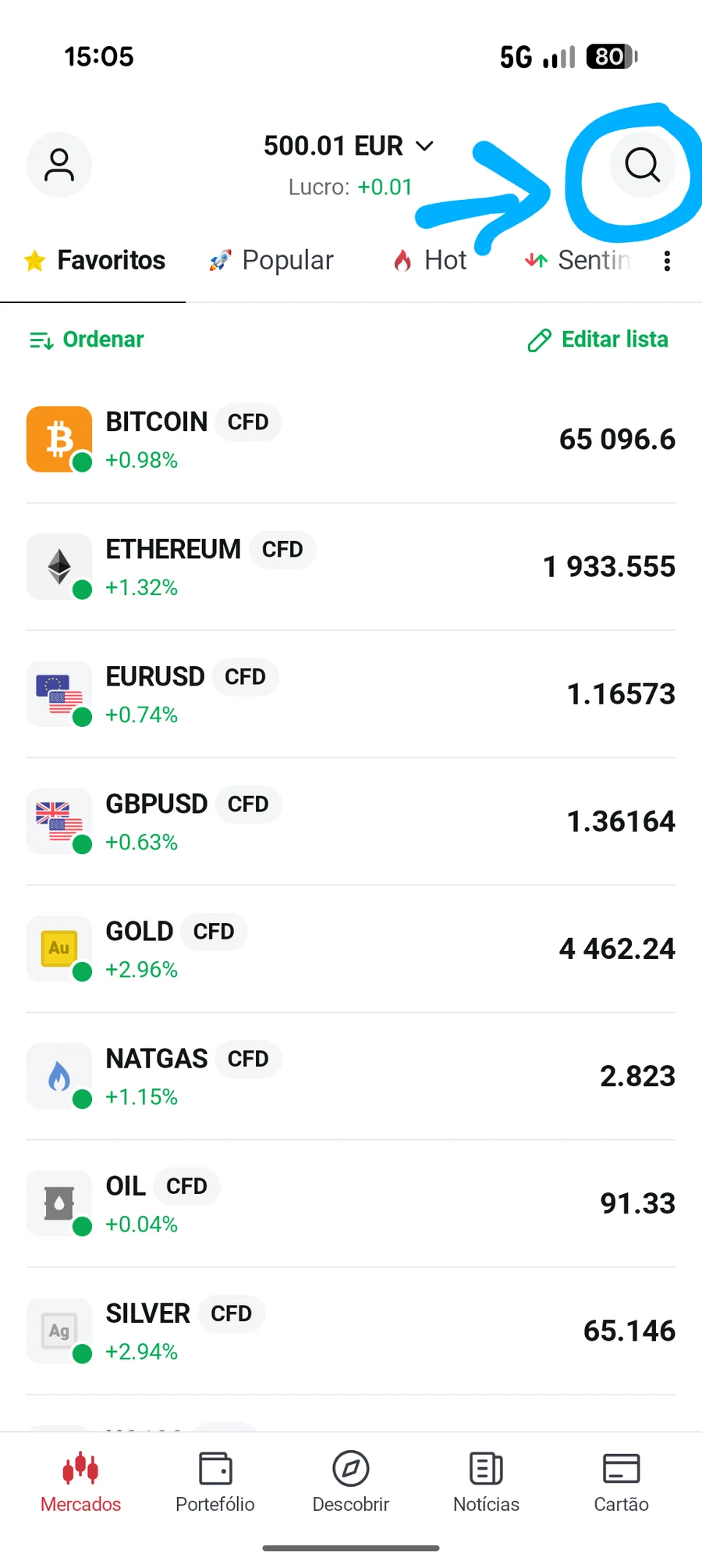 Ícone de pesquisa na aplicação móvel da XTB