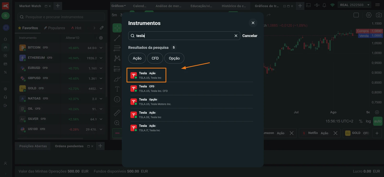 Resultados da pesquisa por Tesla na XTB com as três listagens da ação, o CFD e a opção