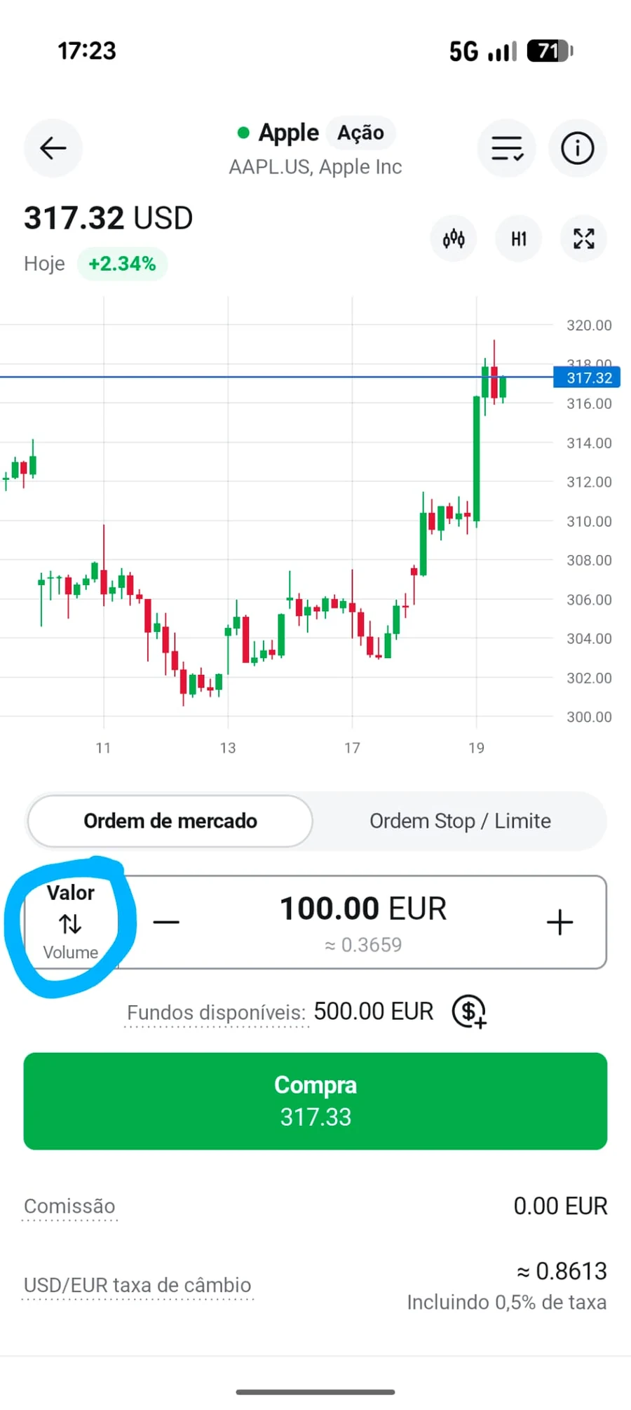 Ecrã de ordem da Apple na aplicação da XTB com o seletor entre Valor e Volume