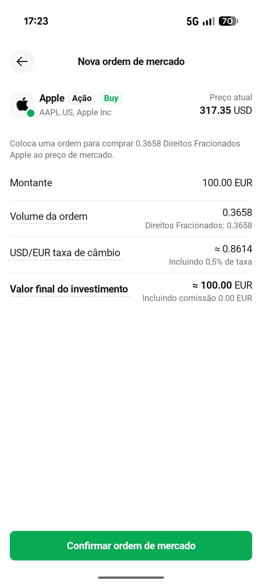 Ecrã de confirmação da ordem da Apple na app da XTB com a indicação de Direitos Fracionados