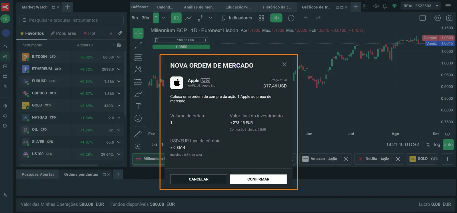 Janela de confirmação da ordem de compra da ação da Apple na XTB