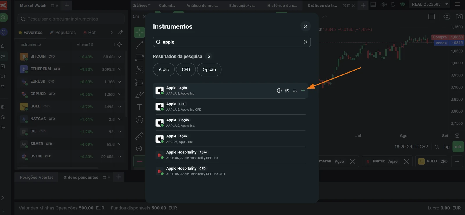 Botão mais para adicionar a ação da Apple ao separador de gráficos na XTB