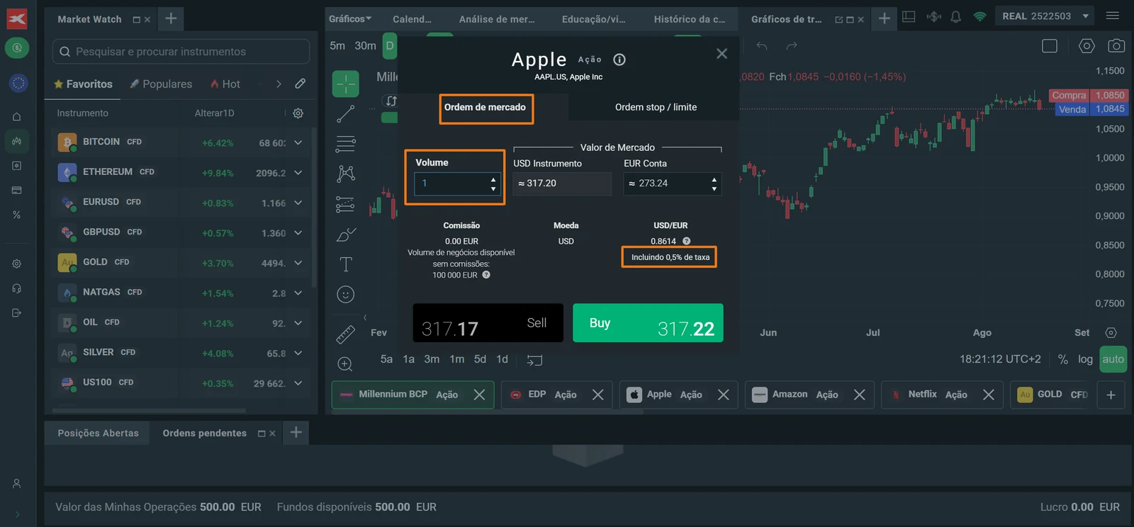 Janela de ordem da Apple na XTB com o tipo de ordem, o volume e a taxa de conversão cambial