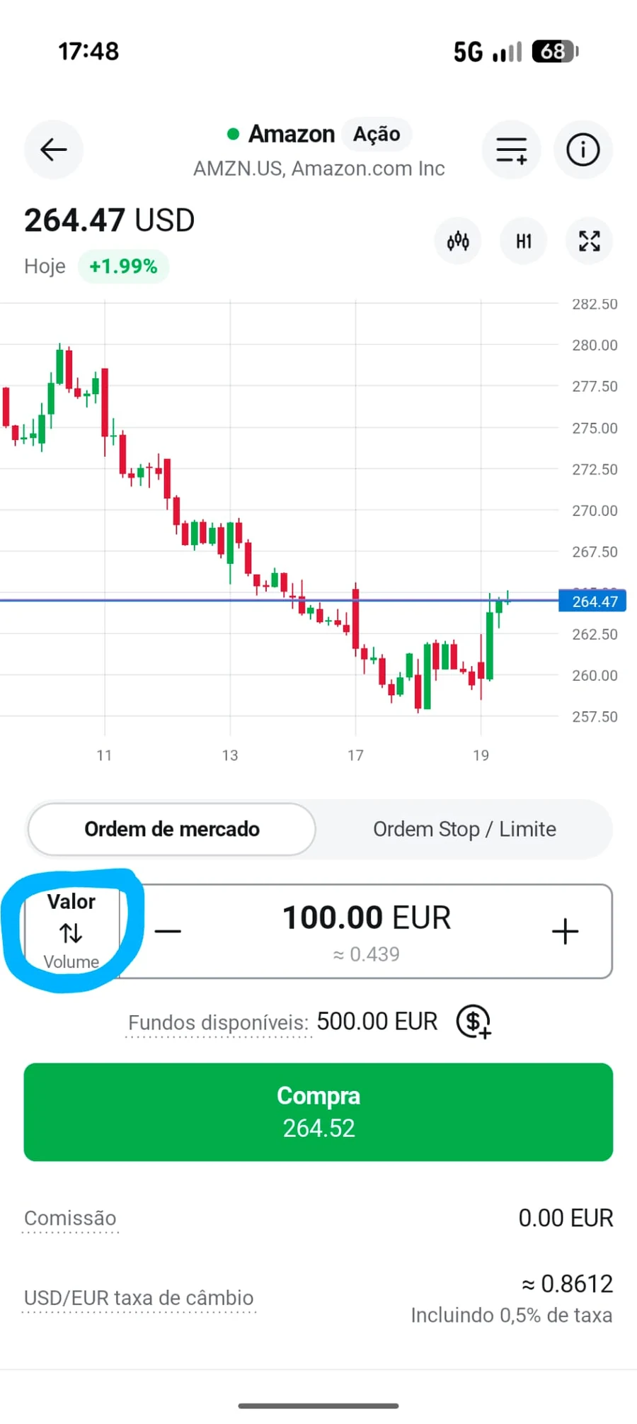 Ecrã de ordem da Amazon na aplicação da XTB com o seletor entre Valor e Volume