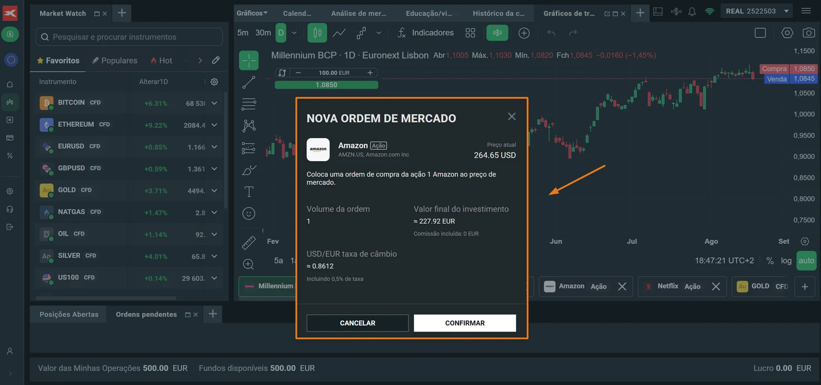 Janela de confirmação da ordem de compra da ação da Amazon na XTB