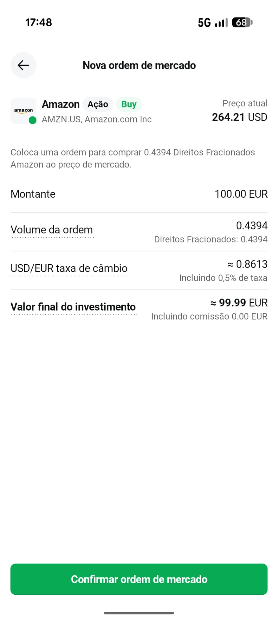 Ecrã de confirmação da ordem da Amazon na app da XTB com a indicação de Direitos Fracionados