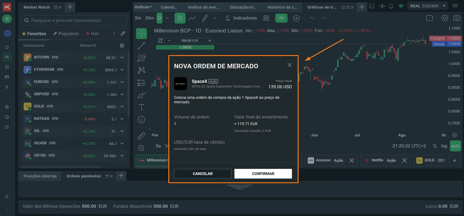 Janela de confirmação da ordem de compra da ação da SpaceX na XTB