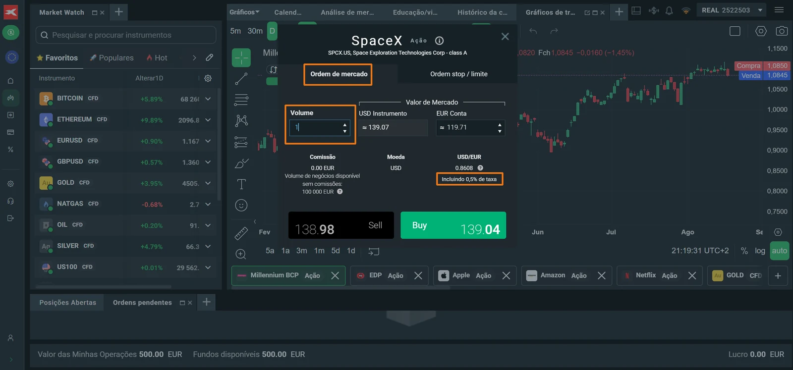 Janela de ordem da SpaceX na XTB com o tipo de ordem, o volume e a taxa de conversão cambial