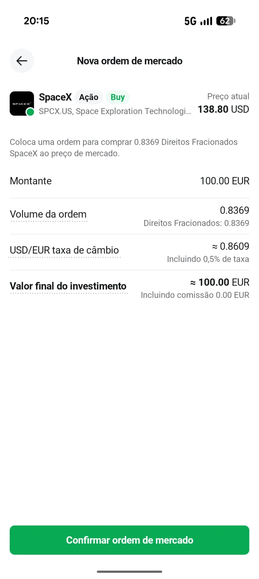 Ecrã de confirmação da ordem da SpaceX na app da XTB com a indicação de Direitos Fracionados