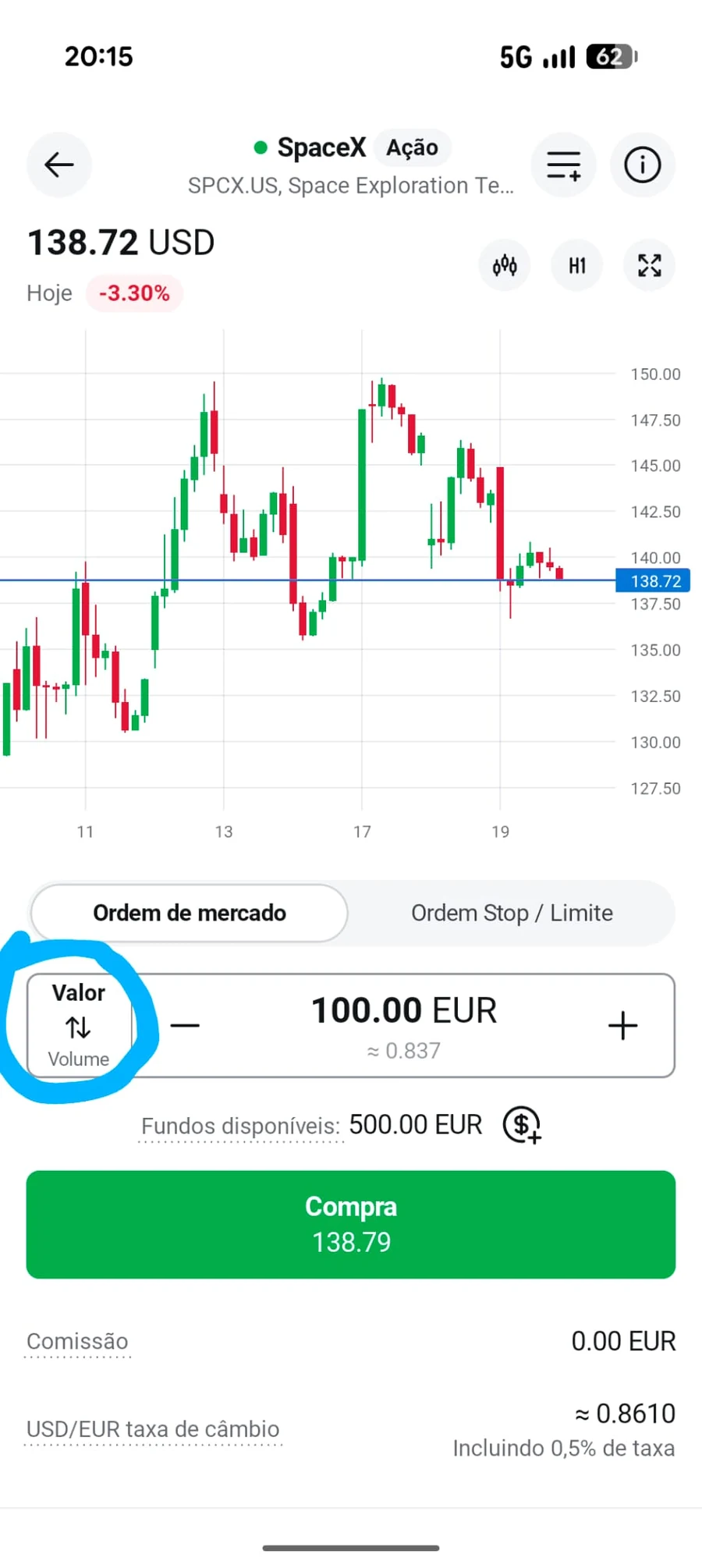 Ecrã de ordem da SpaceX na aplicação da XTB com o seletor entre Valor e Volume