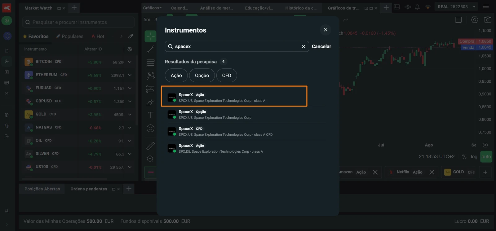 Resultados da pesquisa por SpaceX na XTB com a ação SPCX.US destacada