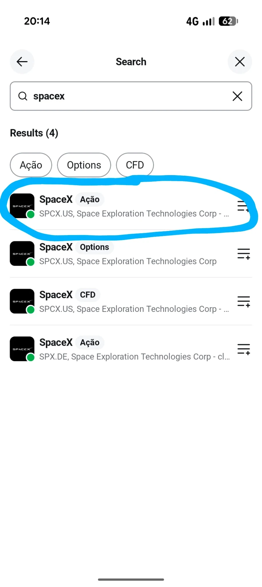 Resultados da pesquisa por SpaceX na aplicação da XTB com a listagem SPCX.US selecionada