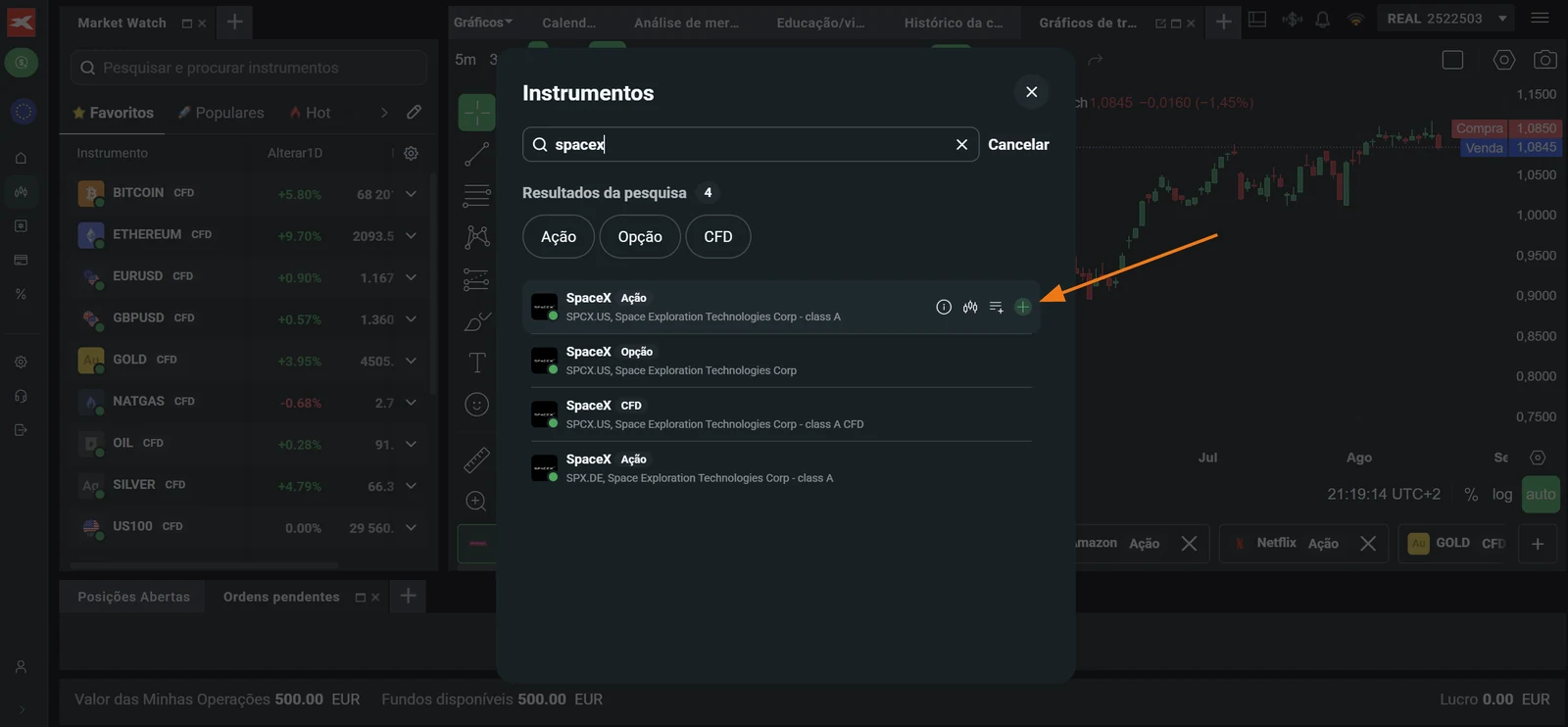 Botão mais para adicionar a ação da SpaceX ao separador de gráficos na XTB