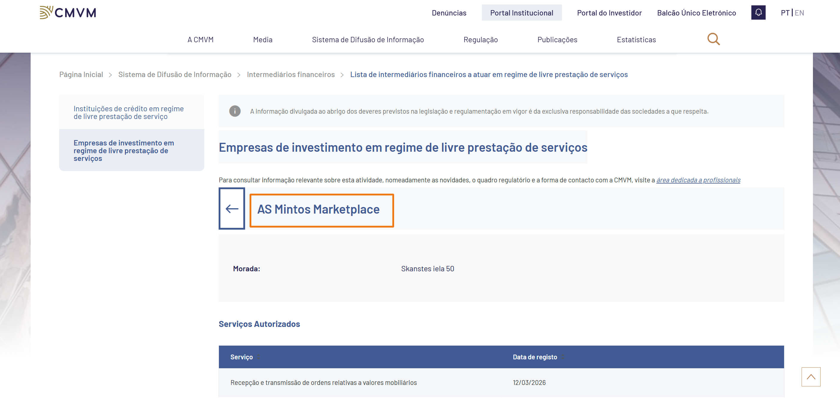 Registo da AS Mintos Marketplace na CMVM