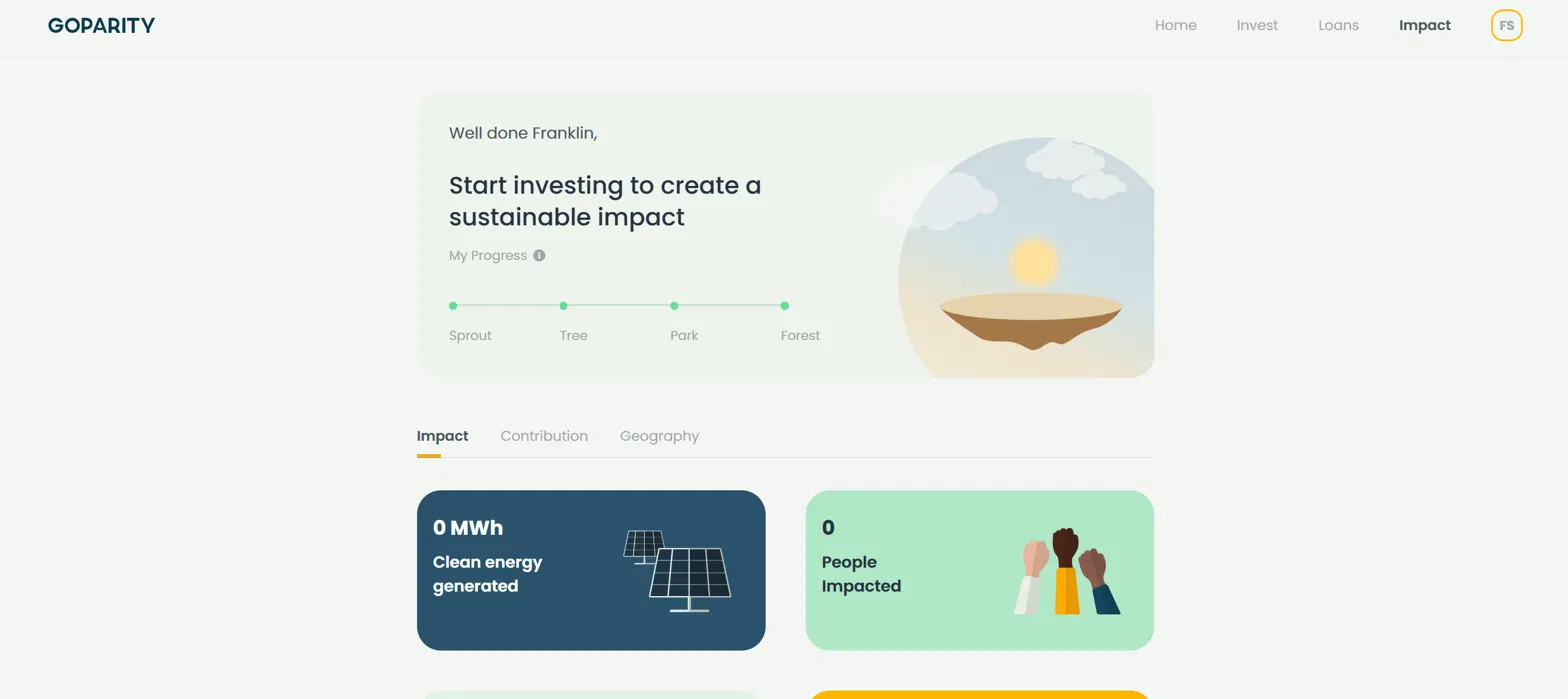 Painel de impacto da conta Goparity, com energia limpa gerada e pessoas impactadas