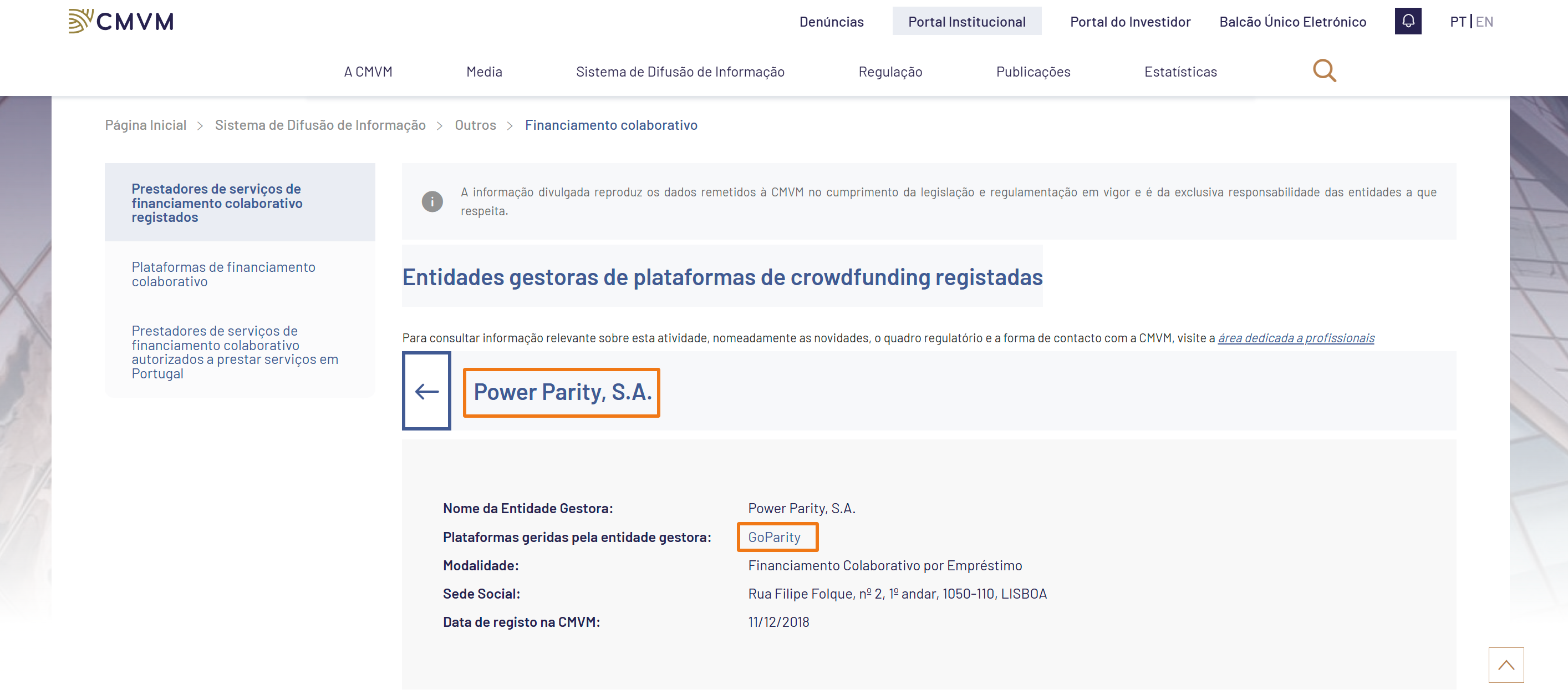 Registo da Power Parity, S.A. (GoParity) na CMVM como entidade gestora de plataforma de crowdfunding