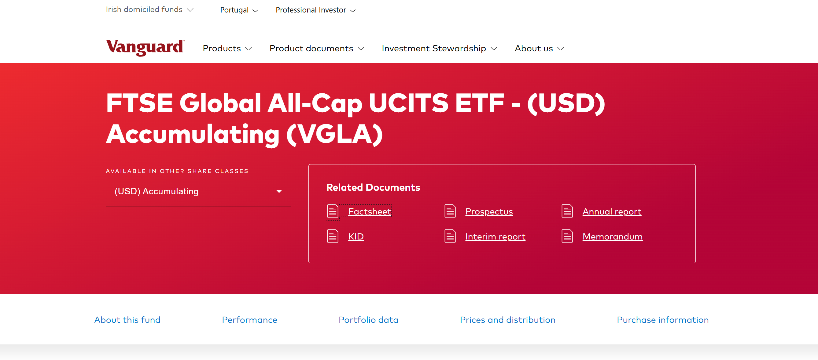 Página oficial do Vanguard FTSE Global All-Cap UCITS ETF (VGLA) com os documentos do fundo