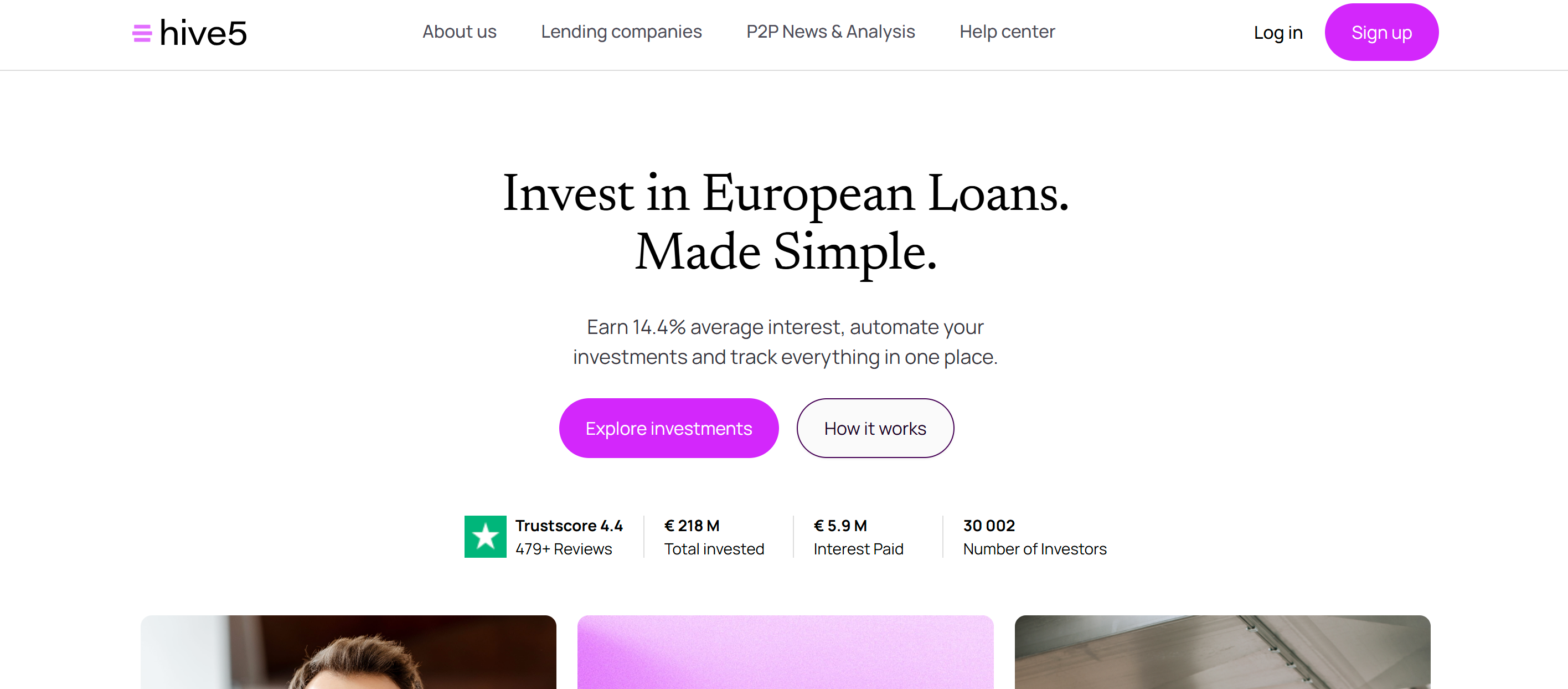 Página inicial da Hive5 com juros médios de 14,4% e 218 milhões de euros investidos