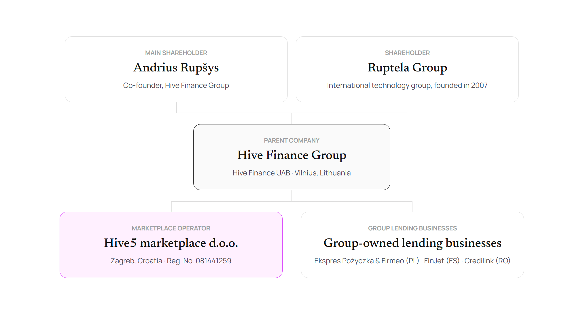 Organograma da Hive5 com a Hive Finance Group como empresa-mãe da plataforma e das empresas de crédito