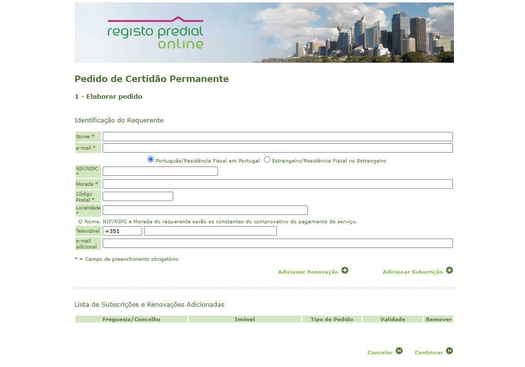 Formulário de pedido de certidão permanente no Predial Online, com os campos do requerente e os botões Adicionar Renovação e Adicionar Subscrição