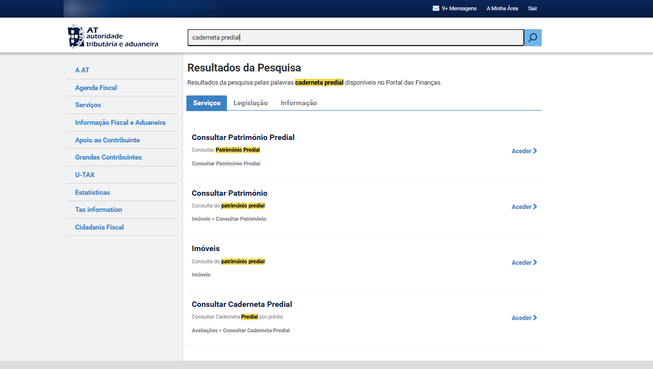 Resultados da pesquisa por caderneta predial no Portal das Finanças, com os serviços Consultar Património Predial e Consultar Caderneta Predial
