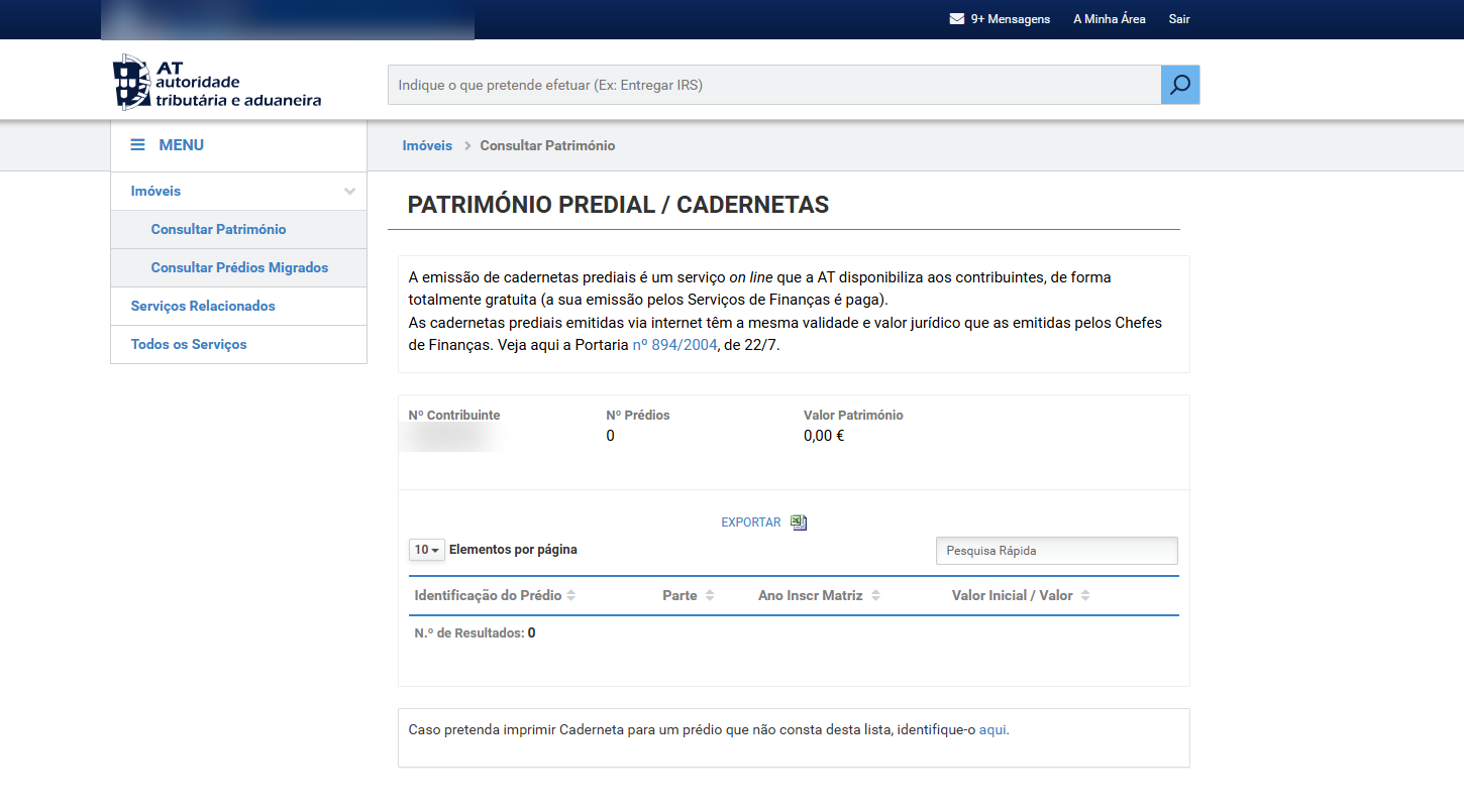 Página Património Predial / Cadernetas no Portal das Finanças, com a lista de prédios do contribuinte e o aviso de que a emissão online é gratuita