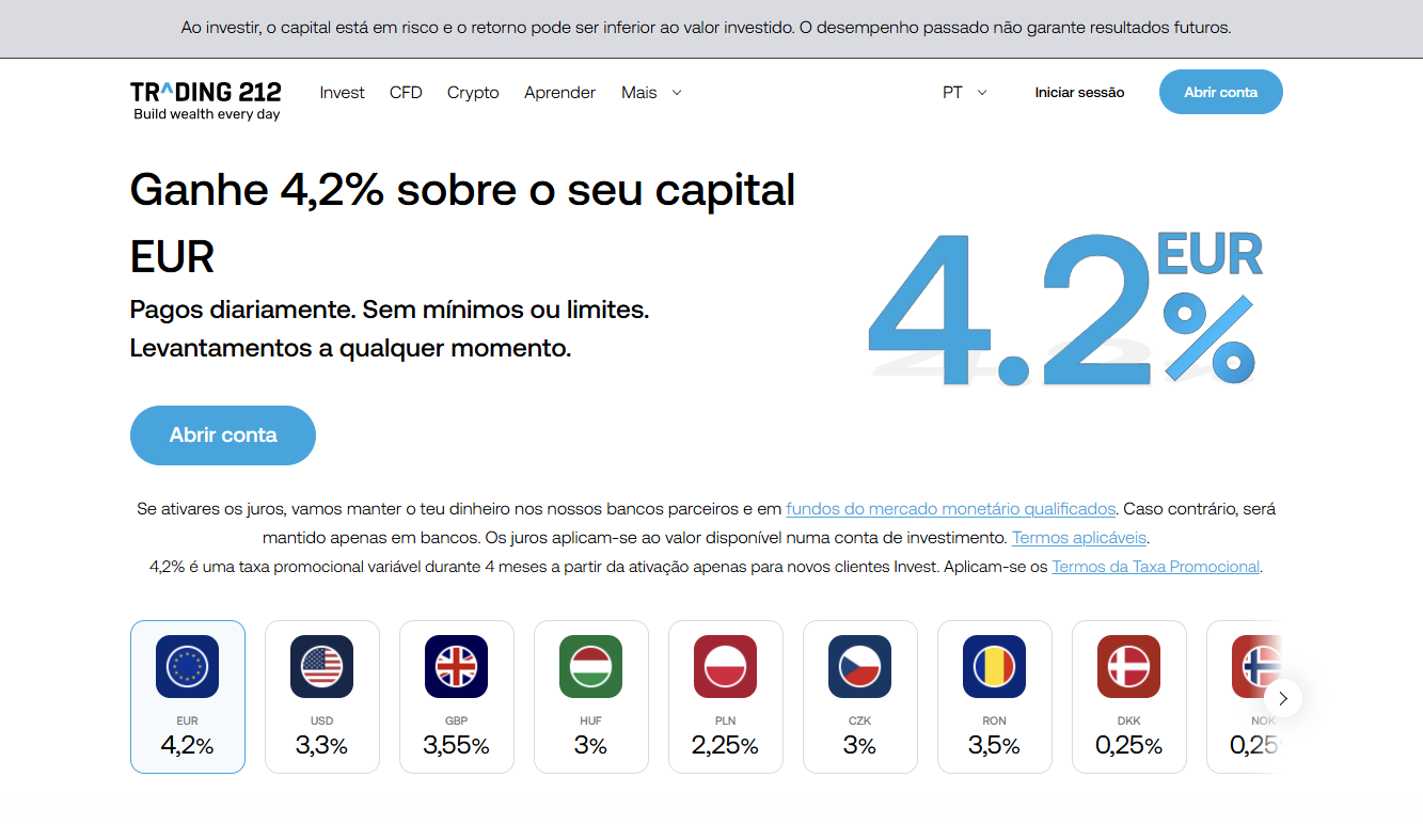 Página de juros da Trading 212 com a taxa promocional de 4,2% em euros