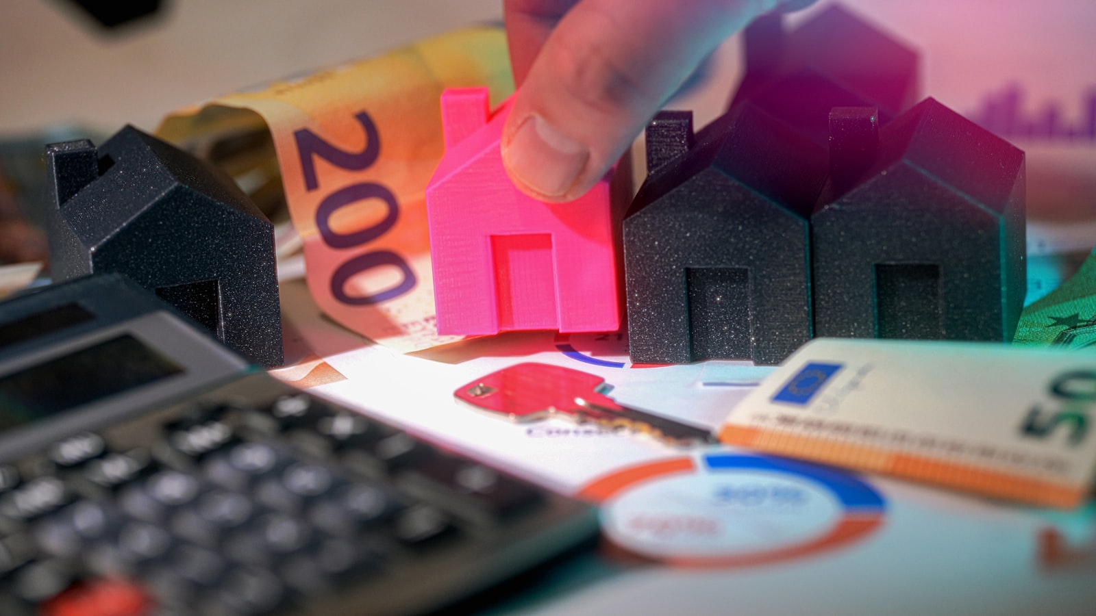 Casas em miniatura entre notas de euro, calculadora e chave de casa